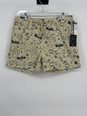 PacSun Beige Swim Shorts with Navy Modelo Print